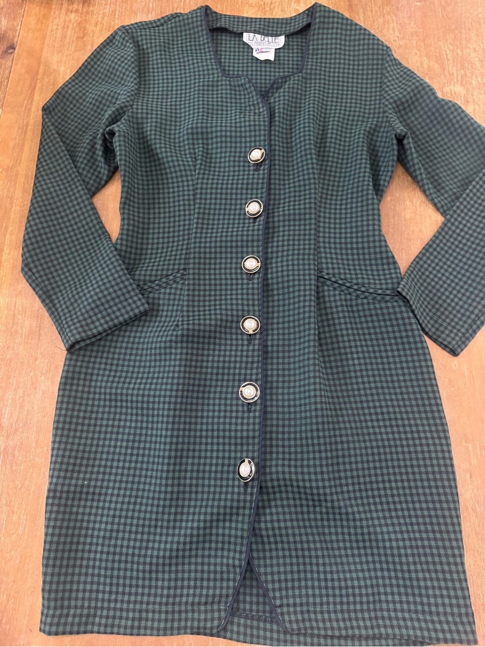LABelle Forest Green Black Checkered Long-Sleeve Pearl Button Front VTG